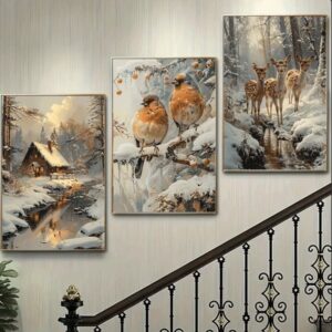 Serene 3-Piece Winter Nature Wall Frame Set – Cabin, Birds & Deer in Snow - Image 1