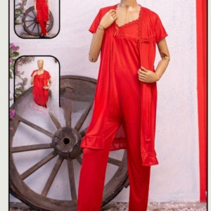 Luxury Silk 3-Piece Nightwear Set for Women – Free Size – Premium Satin Robe & Pajama Suit (SKU: R-015) - Image 3