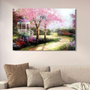 Pink Cherry Blossom Garden Wall Decor | Romantic Gazebo Landscape Painting | Wooden Art Frame 12x16 Inches - Image 1