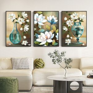 Elegant 3-Piece Floral Wall Frame Set – White Blossoms & Teal Vase Art - Image 1