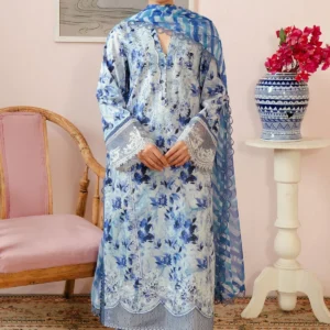Malina Embroidered Luxury Lawn Unstitched 3Pc Suit – Ice Blue Floral Digital Print with Chiffon Dupatta - Image 1