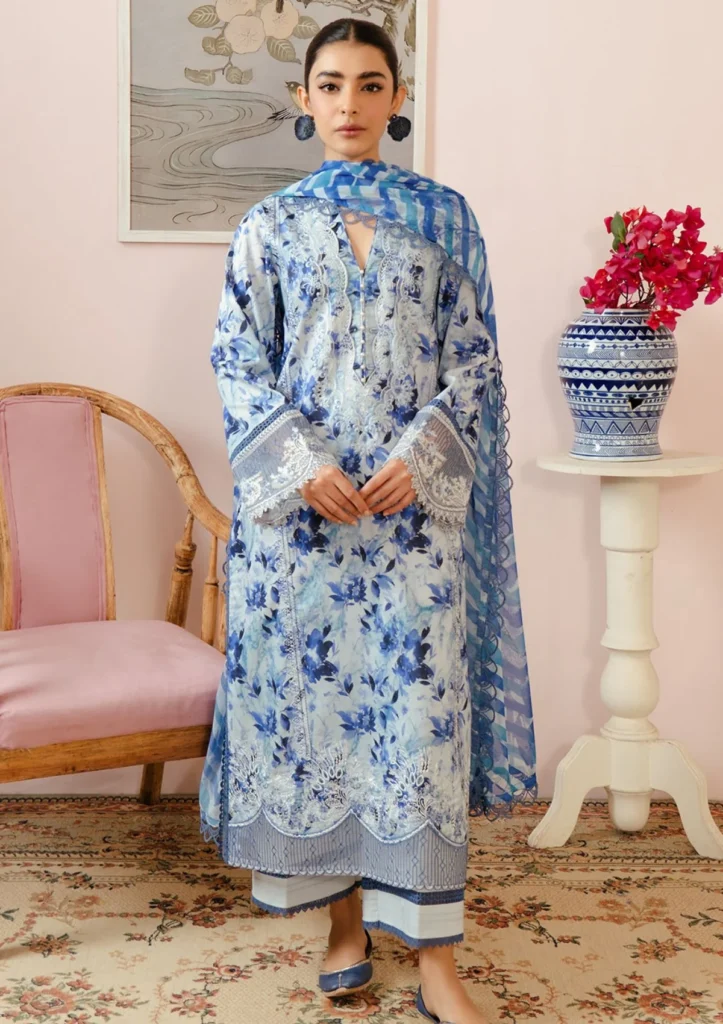 Malina Embroidered Luxury Lawn Unstitched 3Pc Suit – Ice Blue Floral Digital Print with Chiffon Dupatta
