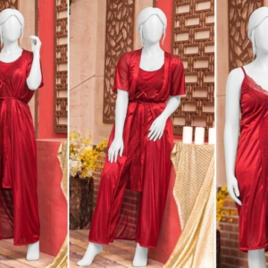 3 Pcs Premium Silk Nightwear Set With Lace | Satin Camisole & Shorts Sleepwear Free Size - Image 2