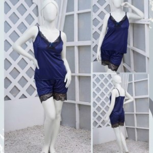 Women's Silk Nightwear Set with Black Lace – 2 Piece Cami Top & Shorts Sleepwear (Free Size) [SKU R-012] - Image 2