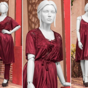 3 Pcs Luxury Silk Nightwear Set with Lace Trim – Satin Sleepwear for Women Free Size - Image 4