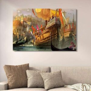 Venetian Merchant Ships Painting Canvas Wall Art With Double Tape | 12x16 Inches - Image 1