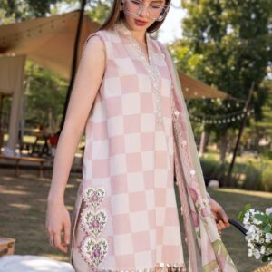 Luxury All-Over Checkerboard Print Embroidered Lawn 3Pc Unstitched Suit with Chiffon Dupatta – EID & Party Wear - Image 1