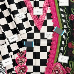 Elegant All-Over Checkerboard Print Embroidered Lawn 3Pc Unstitched Dress with Chiffon Dupatta – Summer Collection 2026 - Image 3