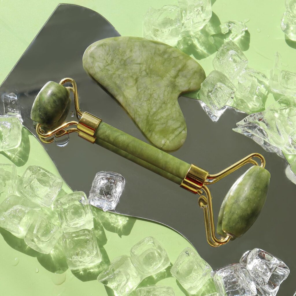 FLFWLASS Contour Facial Roller & Gua Sha Massager Set – Natural Jade Stone Beauty Kit for Face Lifting & Anti-Aging