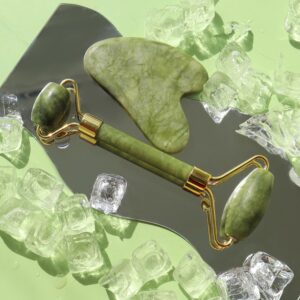 FLFWLASS Contour Facial Roller & Gua Sha Massager Set – Natural Jade Stone Beauty Kit for Face Lifting & Anti-Aging - Image 1