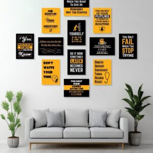 Yellow And Black Motivational Wall Art Posters 12 Pcs Set Wooden Sticky Tiles 5x7 Inches Easy Mounting - Image 1