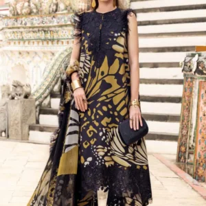 Maria B Printed Embroidered Lawn 3PC Unstitched Suit with Chiffon Dupatta – Black & Mustard - Image 1