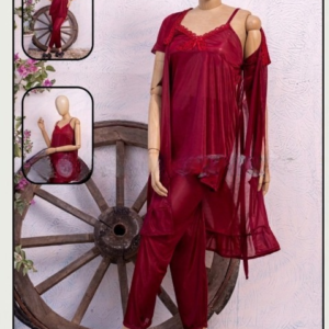Luxury Silk 3-Piece Nightwear Set for Women – Free Size – Premium Satin Robe & Pajama Suit (SKU: R-015) - Image 2