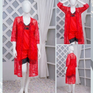 3 Pcs Luxurious Silk & Net Black Lace Women's Sleepwear Set Top Short & Gown Nightwear (Free Size) - Image 1