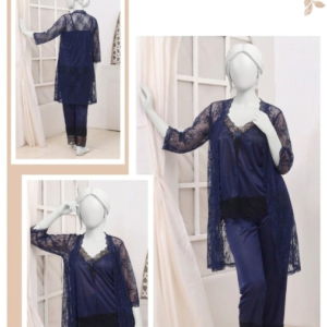 3 Pcs Premium Silk & Net Black Lace Women's Sleepwear Set Top Trouser & Gown (Size free) - Image 1