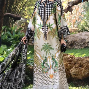 Elegant All-Over Print Embroidered Lawn 3Pc Unstitched EID Dress for Girls with Chiffon Dupatta - Image 1