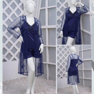 3 Pcs Luxurious Silk & Net Black Lace Women's Sleepwear Set Top Short & Gown Nightwear (Free Size) - Image 2