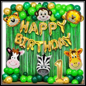 Jungle Theme Birthday Party Decoration Set 50 Pcs for Kids Boys & Girls – Animal Safari Birthday Balloon Combo with Happy Birthday Banner, Foil Curtains & Number Balloon - Image 1