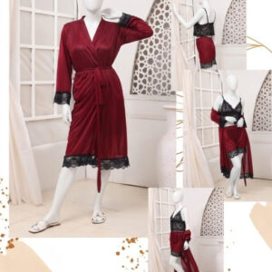 Women's Luxury Silk Nightwear Set with Black Lace – 3 Piece Robe & Slip Dress SKU R-011 Free Size - Image 2