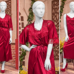 2 Pcs Luxury Satin & Lace Robe Nighty Set – Sensual Silk Gown for Women SKU R-003 Free Size - Image 3