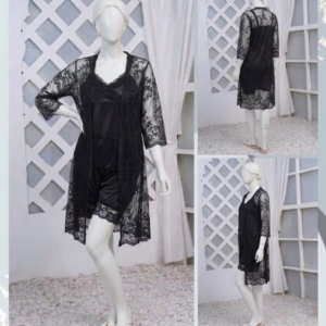 3 Pcs Luxurious Silk & Net Black Lace Women's Sleepwear Set Top Short & Gown Nightwear (Free Size) - Image 4