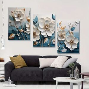 Elegant 3-Piece Floral Wall Frame Set – White Blossoms & Golden Stems on Teal Background - Image 1