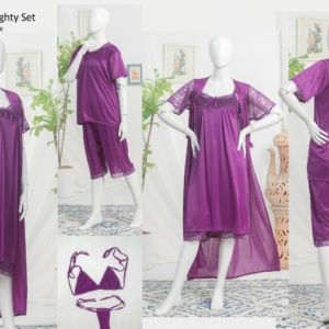 6 PCs Bridal Satin Nighty Set with Matching Thong & Bralette Free Size - Image 5
