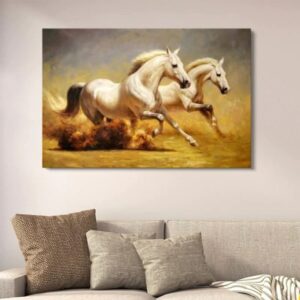Galloping White Horses Wall Decor | Majestic Stallion Running Action Painting | Wooden Art Frame 12x16 Inches - Image 1
