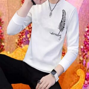 Men’s Stylish Leaf Print Full Sleeves T-Shirt – Latest Designer Summer Collection | Premium Stitched Party & Casual Wear for Him – White - Image 1