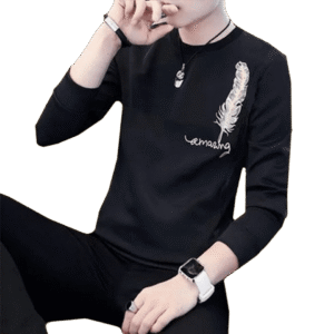 New Collection: Men’s Stylish Print Full Sleeves T-Shirt – Premium Quality & Fashionable Design for a Smart Look | Black Leaf Print T-Shirt - Image 1
