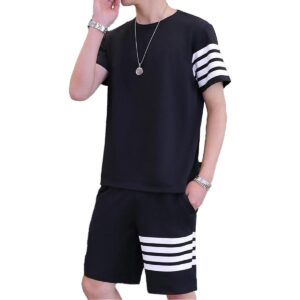 Black Color Trendy LINE Printed Tracksuit for Men | Cotton T-Shirt & Shorts | Summer Casual Wear | Gym & Elegant Suit - Image 1
