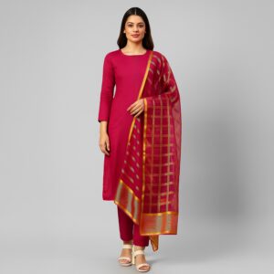 Premium Katan Silk Unstitched 3 Piece Suit With Organza Dupatta For Women - Image 1