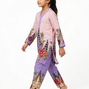 Girls Purple Printed Stitched Co Ord Set With Long Sleeve Shirt And Matching Trouser - Image 4