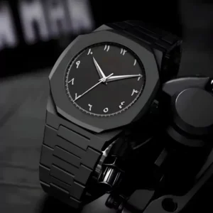 Black Minimalist Analog Wrist Aura Watch With Stainless Steel Strap And Butterfly Lock - Image 1