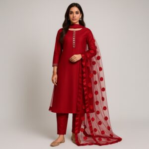 Premium Katan Silk Unstitched 3 Piece Suit With Net Dupatta For Women - Image 5