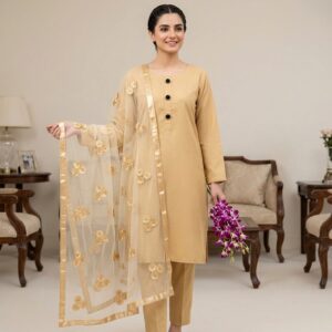 Premium Katan Silk Unstitched 3 Piece Suit With Net Dupatta For Women - Image 2