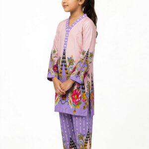 Girls Purple Printed Stitched Co Ord Set With Long Sleeve Shirt And Matching Trouser - Image 2