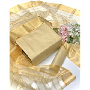 Premium Katan Silk Unstitched 3 Piece Suit With Organza Dupatta For Women - Image 2