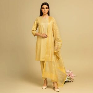 Premium Katan Silk Unstitched 3 Piece Suit With Organza Dupatta For Women - Image 3