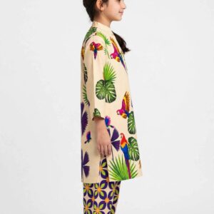 Girls Beige Printed Stitched Co Ord Set With Long Sleeve Shirt And Matching Trouser - Image 4