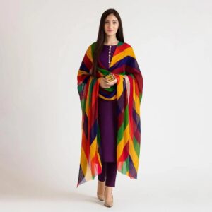 Unstitched 3-Pcs Katan Silk Suit with Multi-Color Organza Chunri Dupatta for Women – Premium Party Wear Dress Material - Image 1