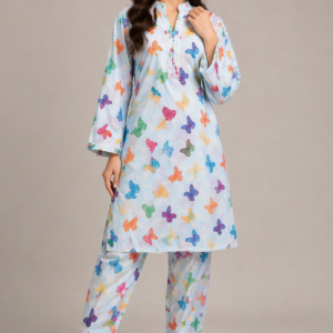 Digital Print Polo Cotton 2 Piece Suit for Girls – Butterfly Printed Shirt & Trouser Set | Soft Summer Casual & Party Wear Dress - Image 1