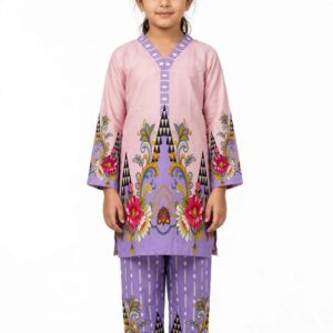 Girls Purple Printed Stitched Co Ord Set With Long Sleeve Shirt And Matching Trouser - Image 1