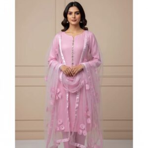 Premium Katan Silk Unstitched 3 Piece Suit With Net Dupatta For Women - Image 4
